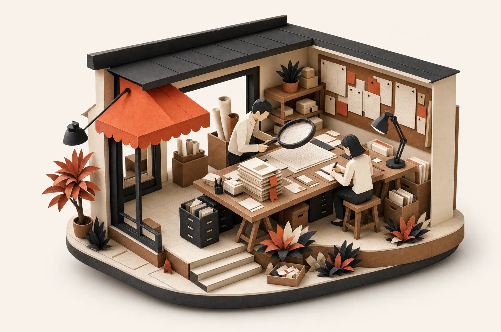 Papercraft audit room: a paper figure holds a large magnifying glass over blueprints beside a prioritized stack of findings
