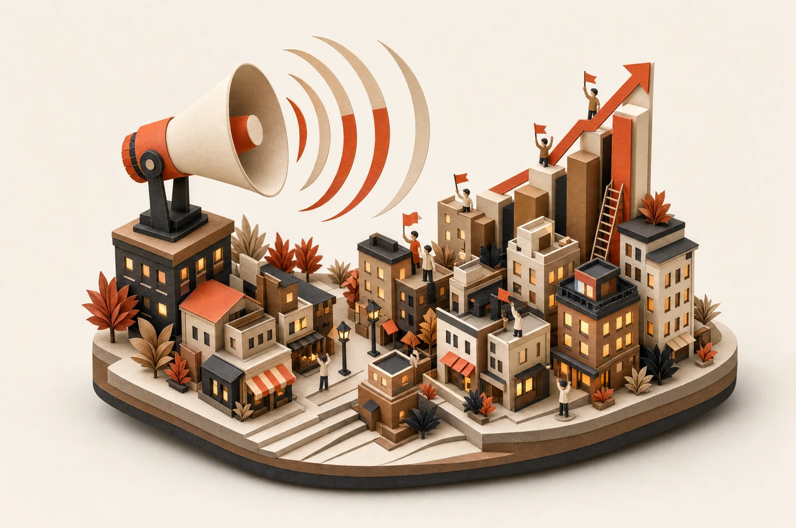 Papercraft town growing: a giant megaphone broadcasts over rooftops while figures raise flags on a rising block chart