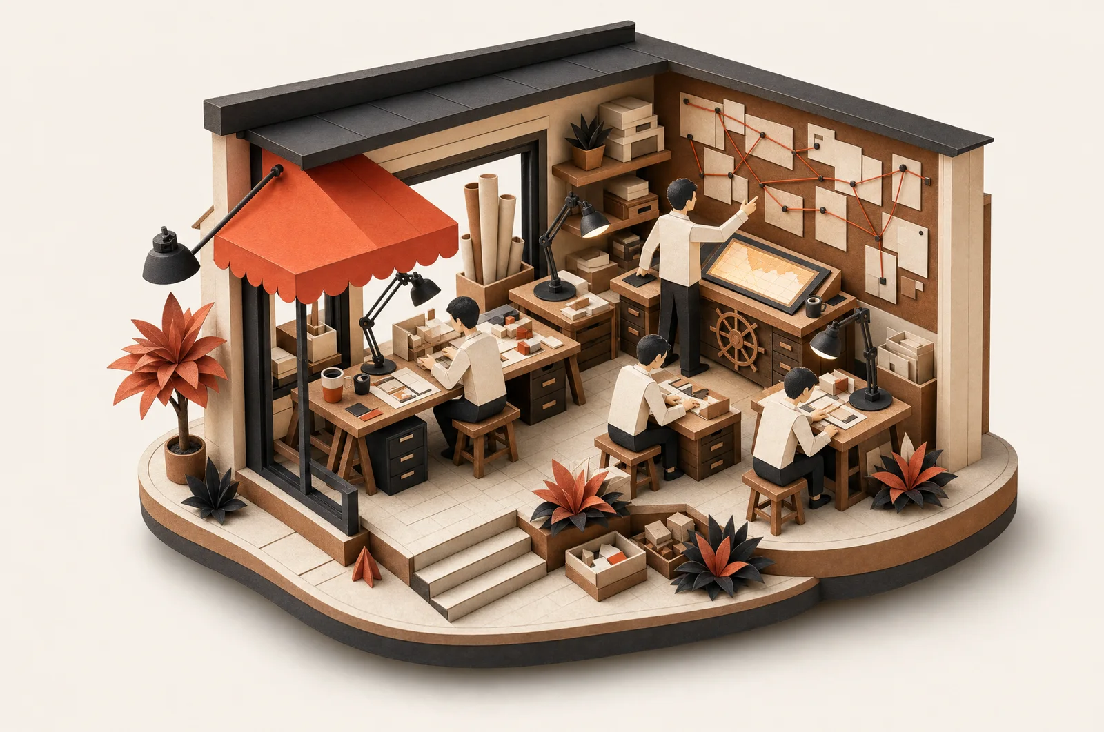 Papercraft command deck: a senior paper figure at a helm desk points at a roadmap wall of cards linked by vermilion threads