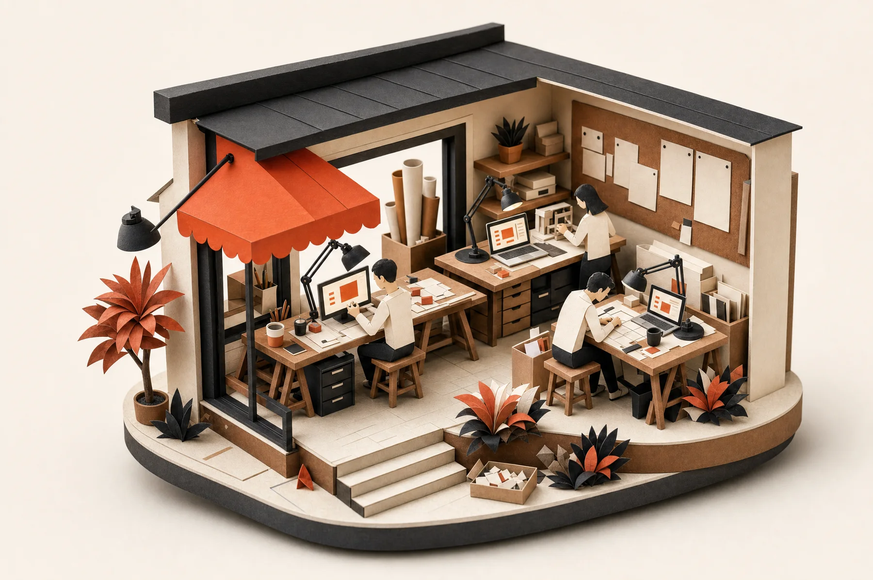 Papercraft studio workshop: paper figures working at glowing screens under a vermilion awning