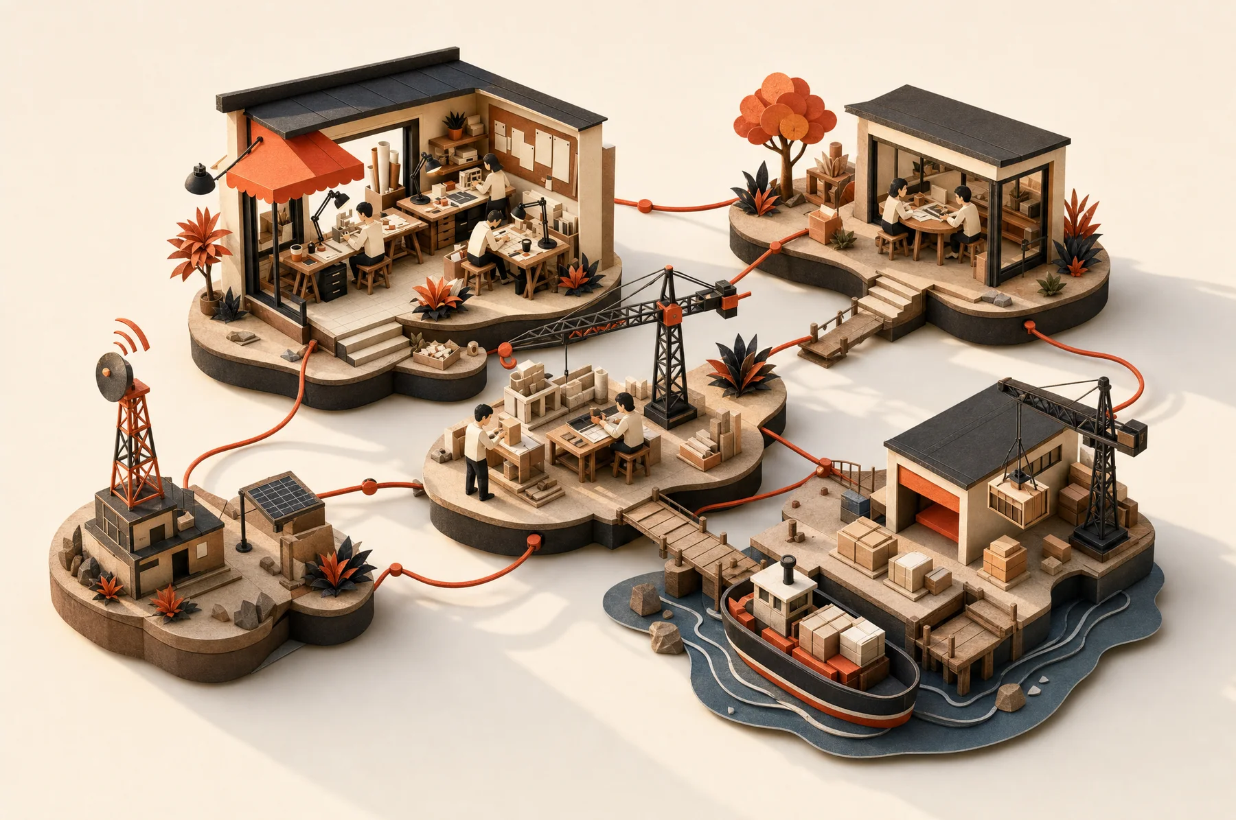 A papercraft world of five linked islands: the studio, client services, the venture lab, the media tower, and the shipping dock, joined by vermilion threads