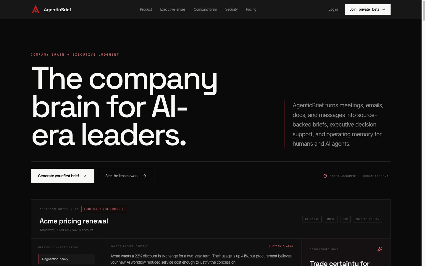 AgenticBrief homepage, live in production